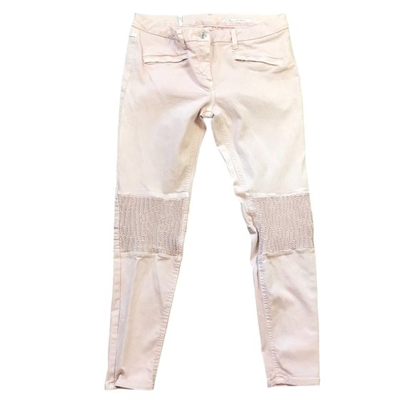 Zara Woman Medium Rise Skinny Fit Slim Leg Jeans Pink Size 8 Shirred Knee Moto - Picture 1 of 13